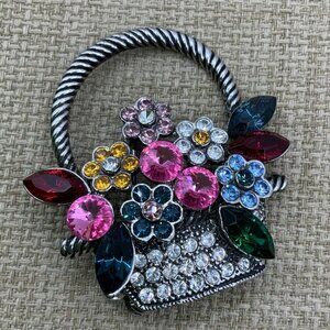 Floral Flowers Basket Multi Colored Rhinestone Silver Tone Brooch Pin
